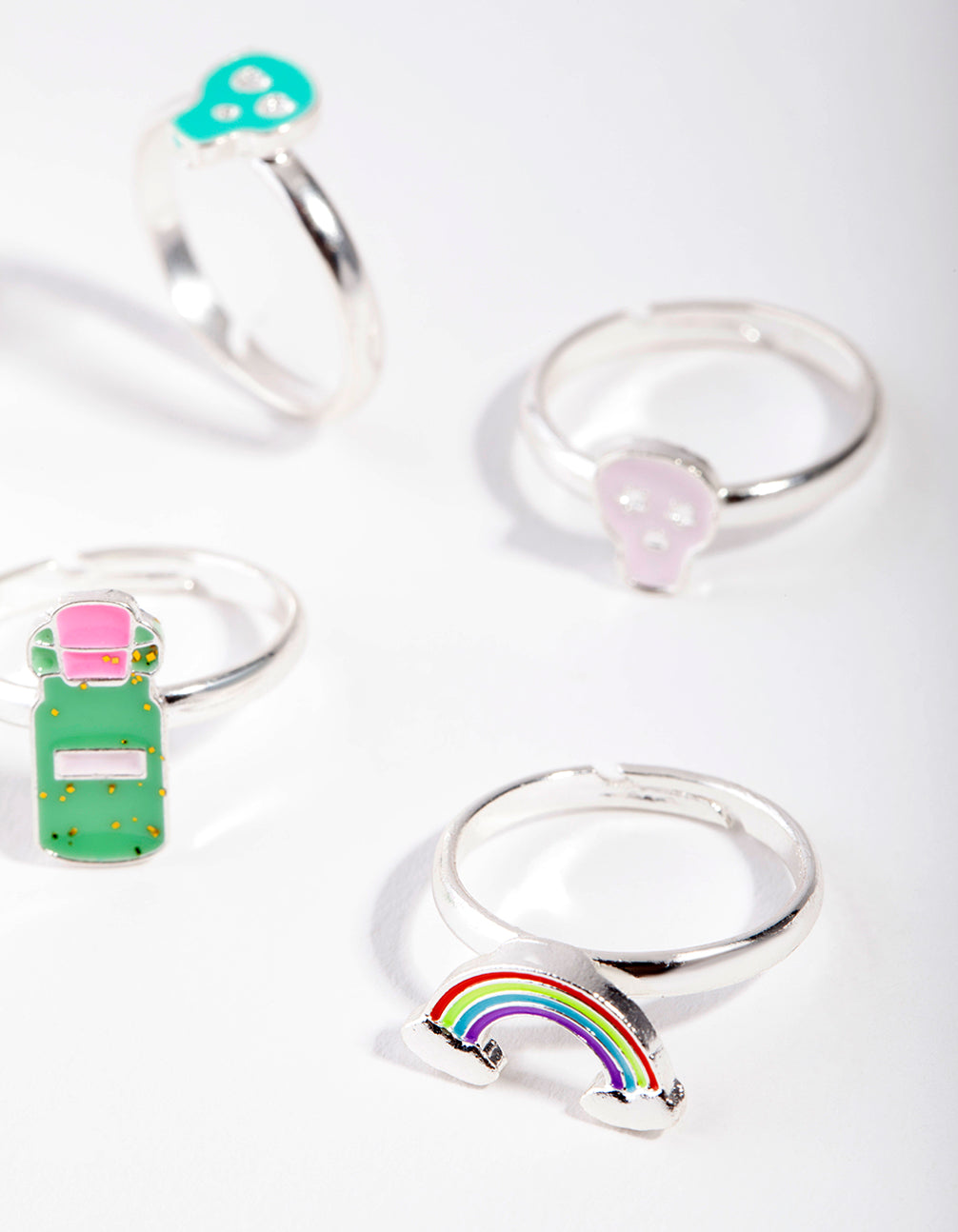 Kids Silver Skull & Cow Rainbow Ring 6-Pack