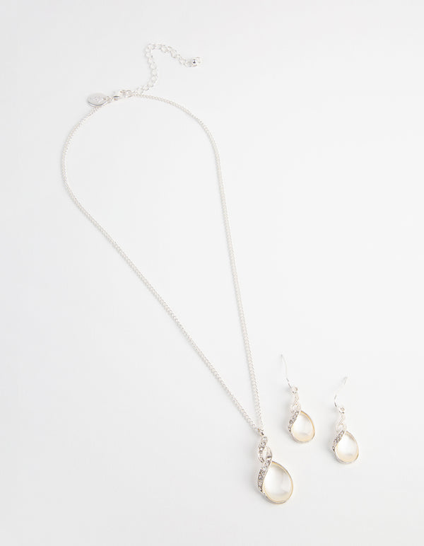 Silver Teardrop Cat Eye Necklace & Earrings Set