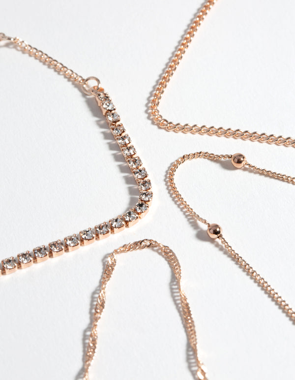 Rose Gold Diamante Twist Bracelet & Anklet 4-Pack Set