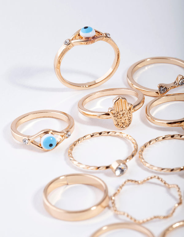 Gold Evil Eye & Hamsa Rings 24-Pack