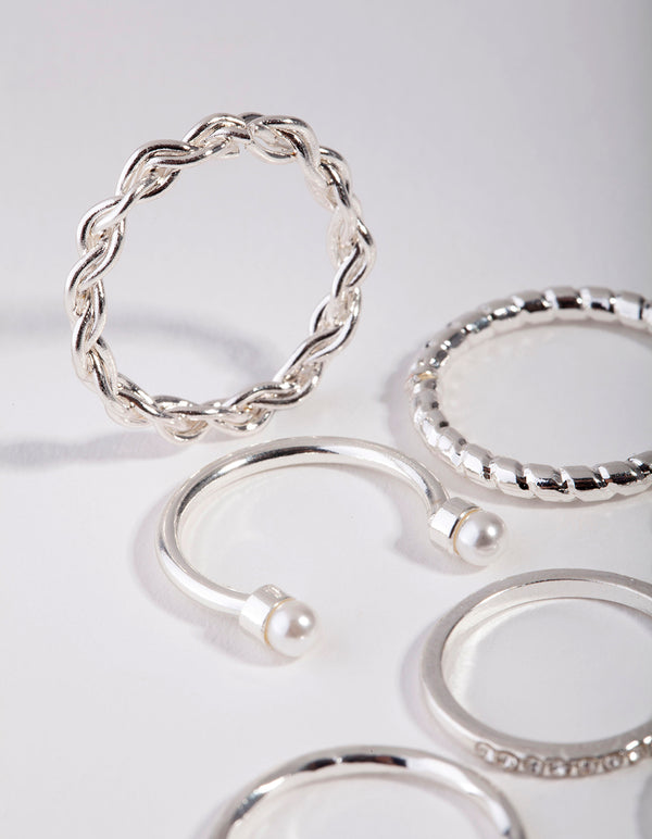 Silver Wave & Pearl Midi 9-Pack Rings