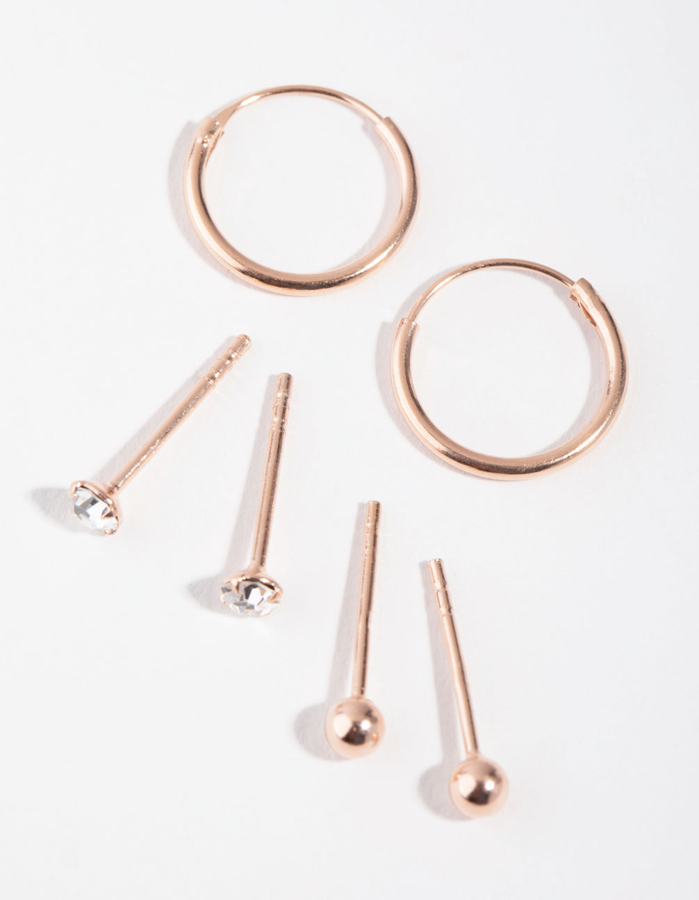 Rose Gold Plated Sterling Silver Cubic Zirconia Ball Stud & Hoop Earrings