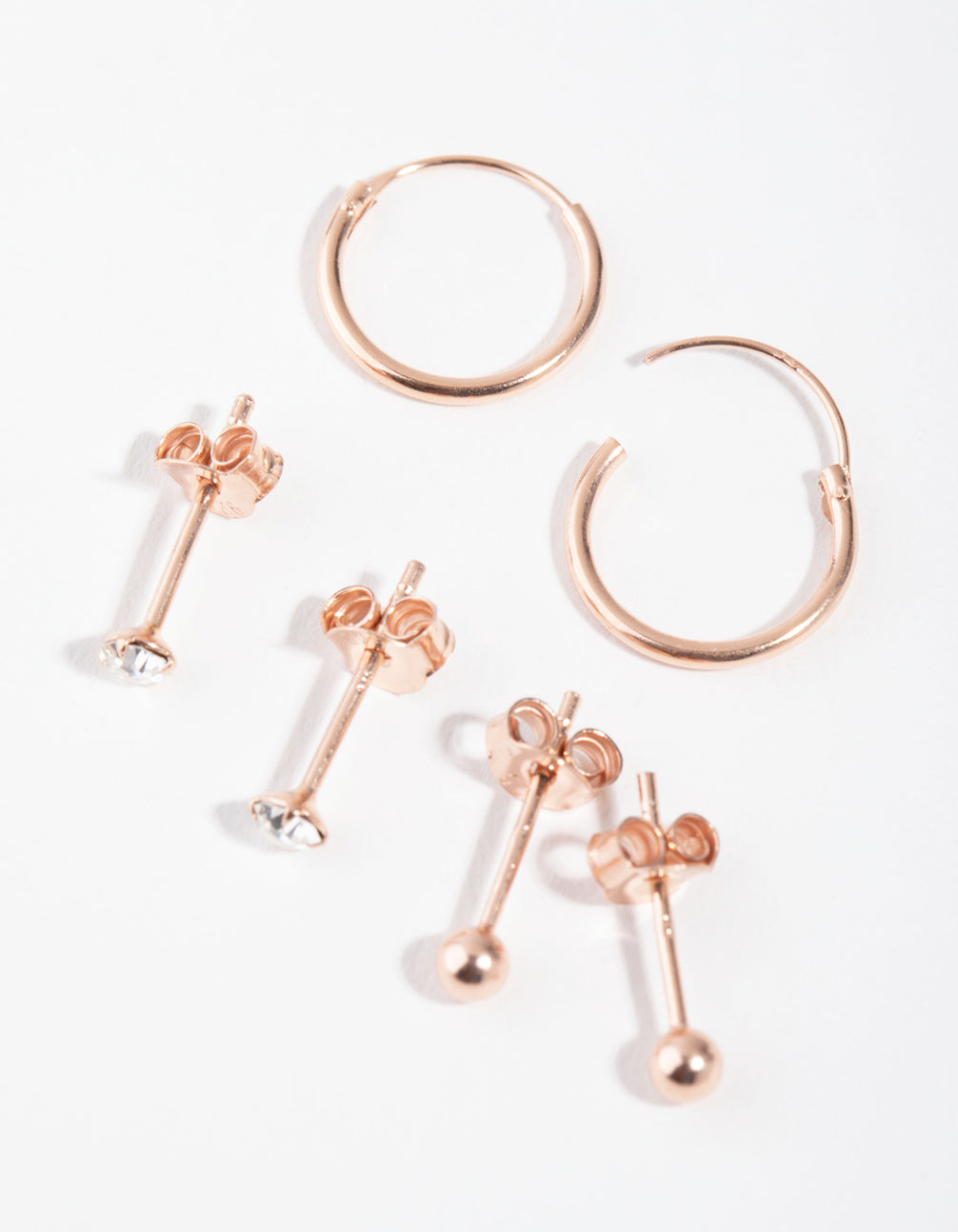 Rose Gold Plated Sterling Silver Cubic Zirconia Ball Stud & Hoop Earrings