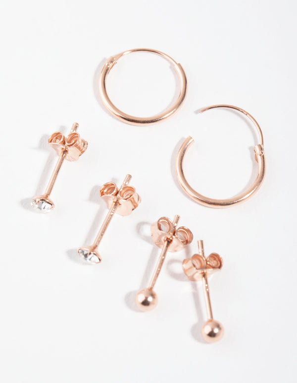 Rose Gold Plated Sterling Silver Cubic Zirconia Ball Stud & Hoop Earrings