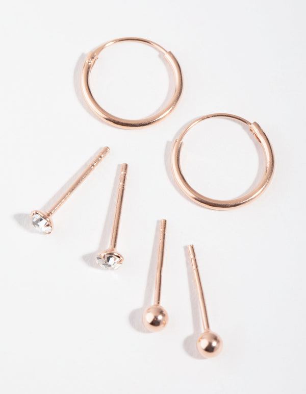 Rose Gold Plated Sterling Silver Cubic Zirconia Ball Stud & Hoop Earrings