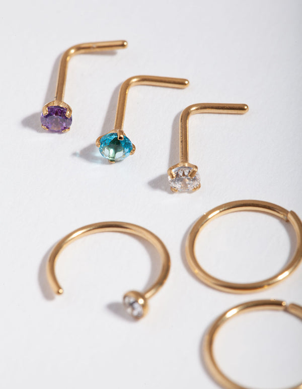 Surgical Steel Gold Diamante Nose 6-Pack