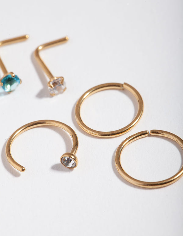 Surgical Steel Gold Diamante Nose 6-Pack
