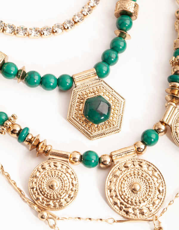 Midnight Antique Gold Pendant Bead 6-Row Necklace