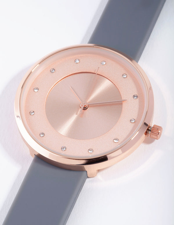 Rose Gold Diamante Sunray Silicon Buckle Watch