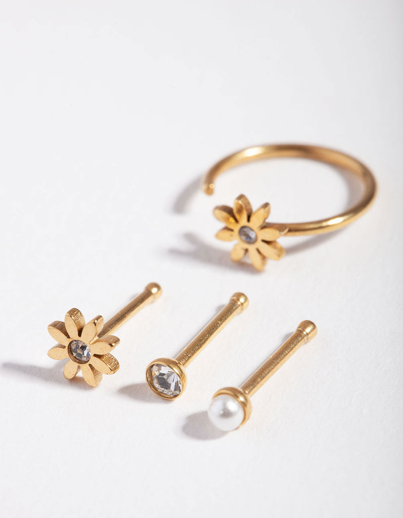 Surgical Steel Gold Flower Pearl Nose Stud 4-Pack Lovisa
