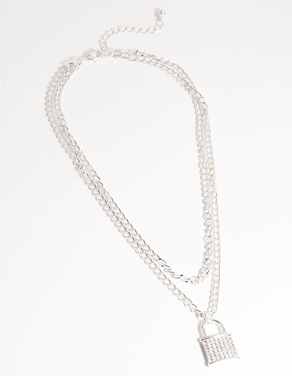Silver Multi-Row Diamante Padlock Necklace
