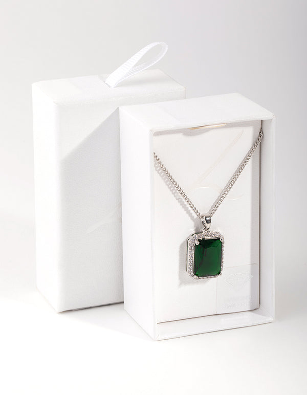Silver Diamond Simulant Emerald Rectangle Necklace