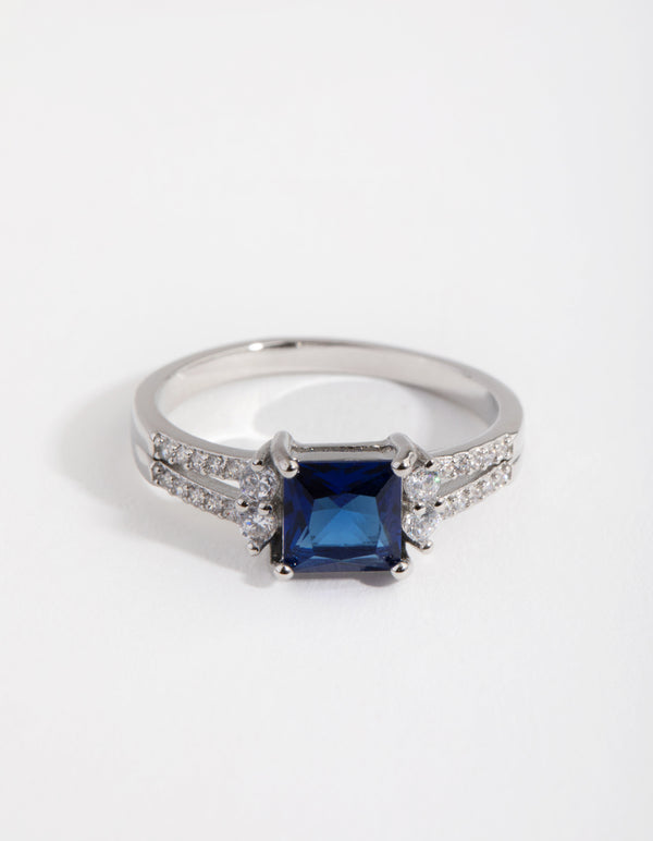 Silver Cubic Zirconia Square Station Double Band Ring