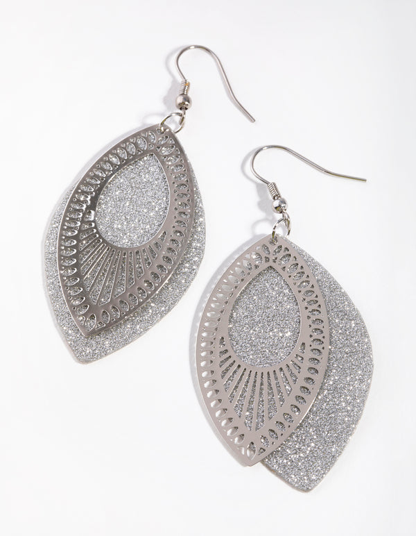 Silver Glitter Leaf Drop Earrings