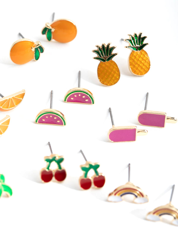 Gold Summer Fruit Enamel 8-Pack Earring