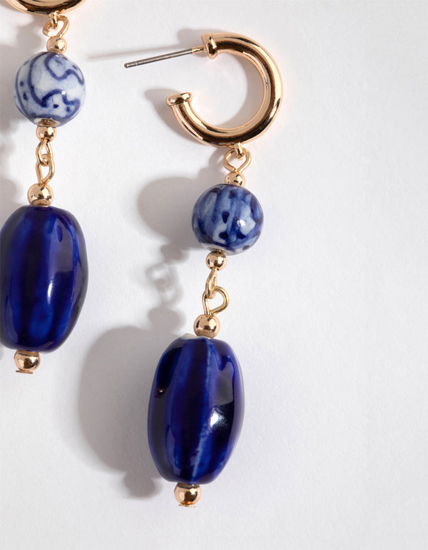 Gold Double Ceramic Bead Drop Earrings