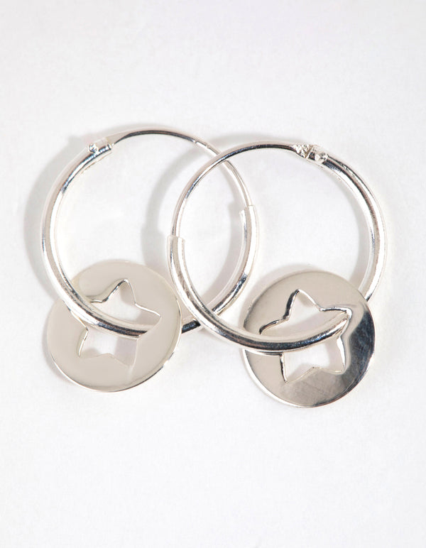Sterling Silver Star Disc Hoop Earrings