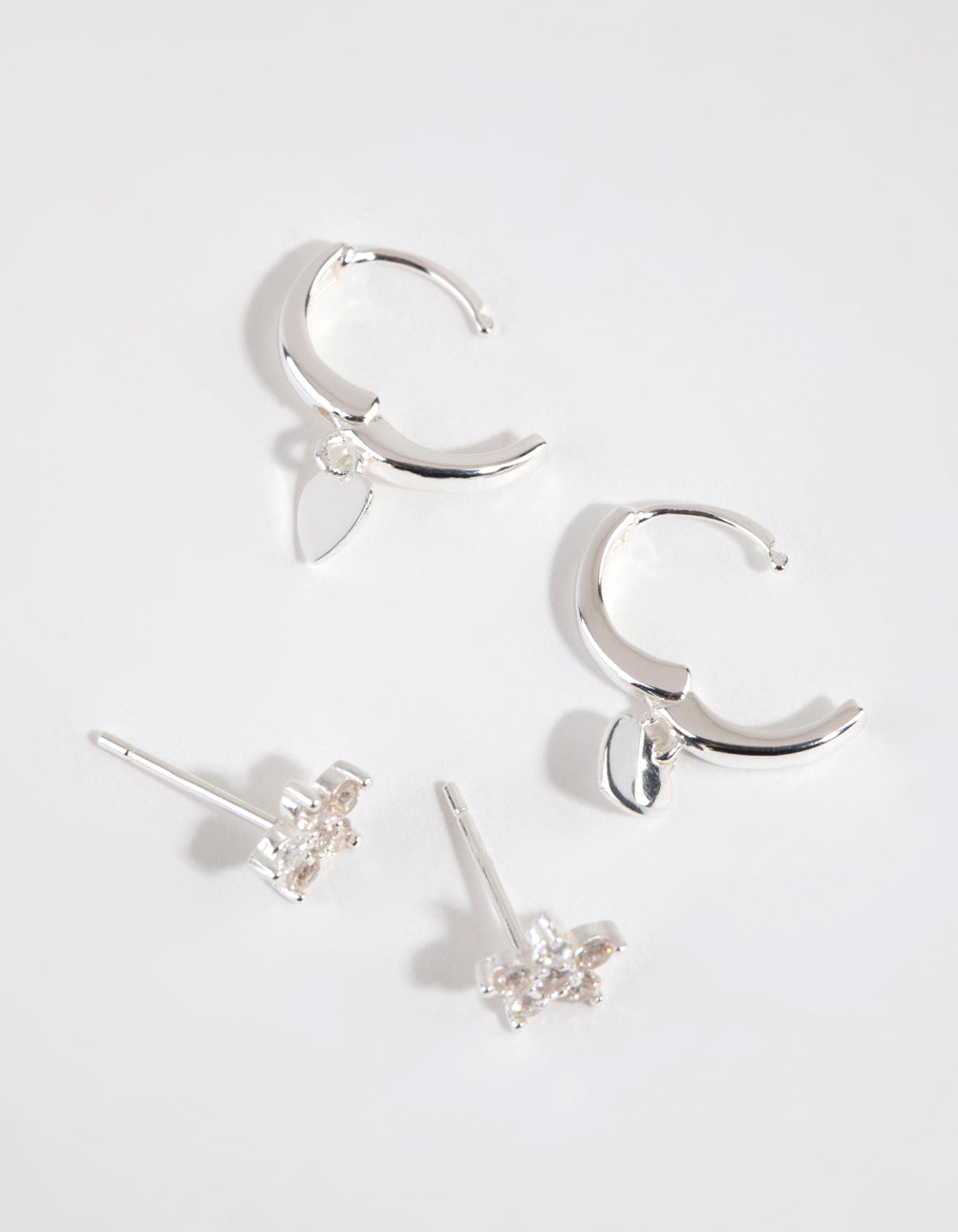 Sterling Silver Flower Heart Stud & Huggie Set
