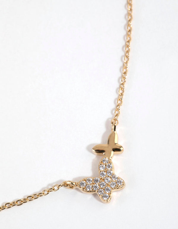 Gold Plated Sterling Silver Diamante Double Pave Butterfly Necklace