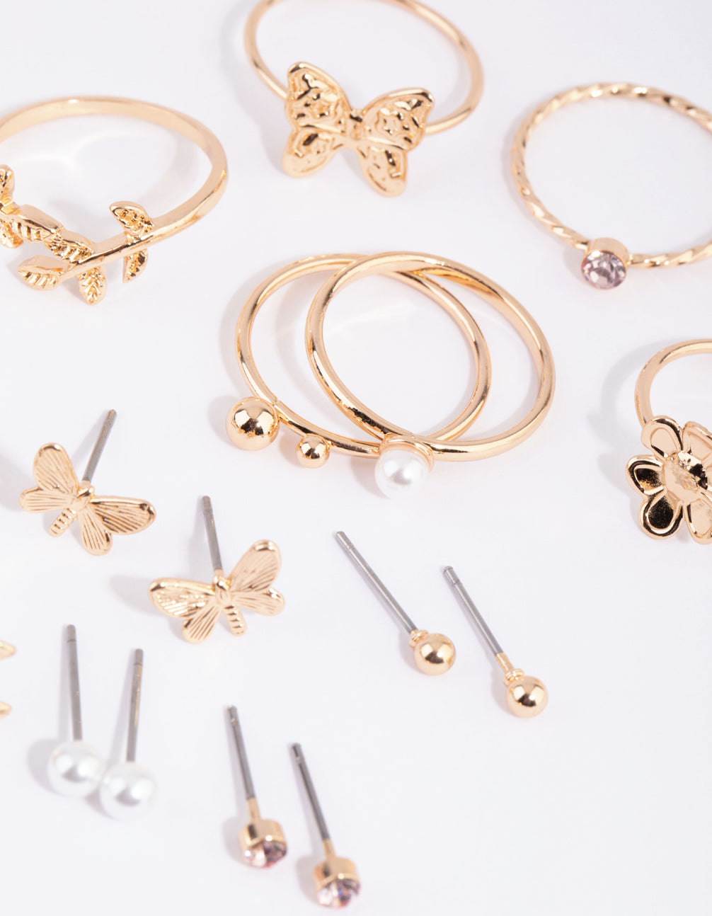 Gold Butterly & Pearl Earring & Ring Pack