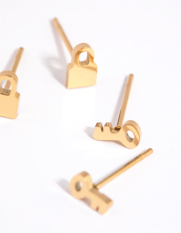 Gold Plated Surgical Steel Lock & Key Stud Earring Set