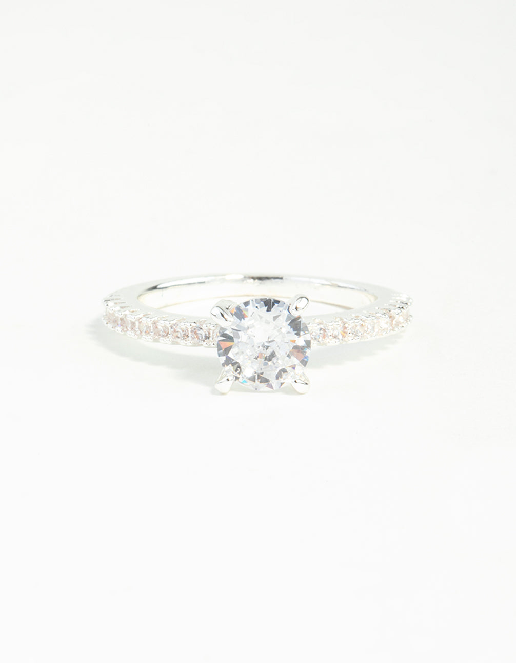 Silver Plated Round Cubic Zirconia Textured Band Ring