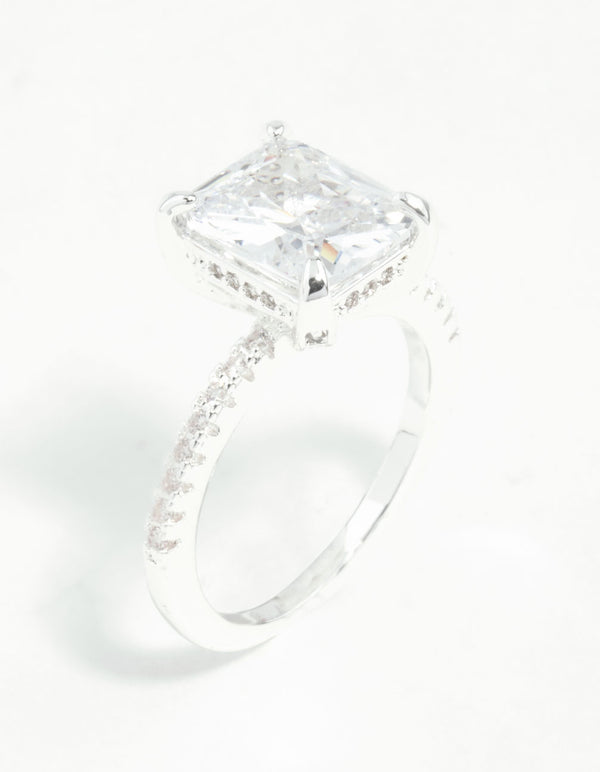 Silver Emerald Cut Cubic Zirconia Diamante Band Ring