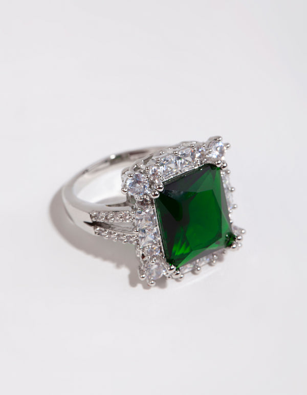 Silver Asscher Emerald Cubic Zirconia Ring