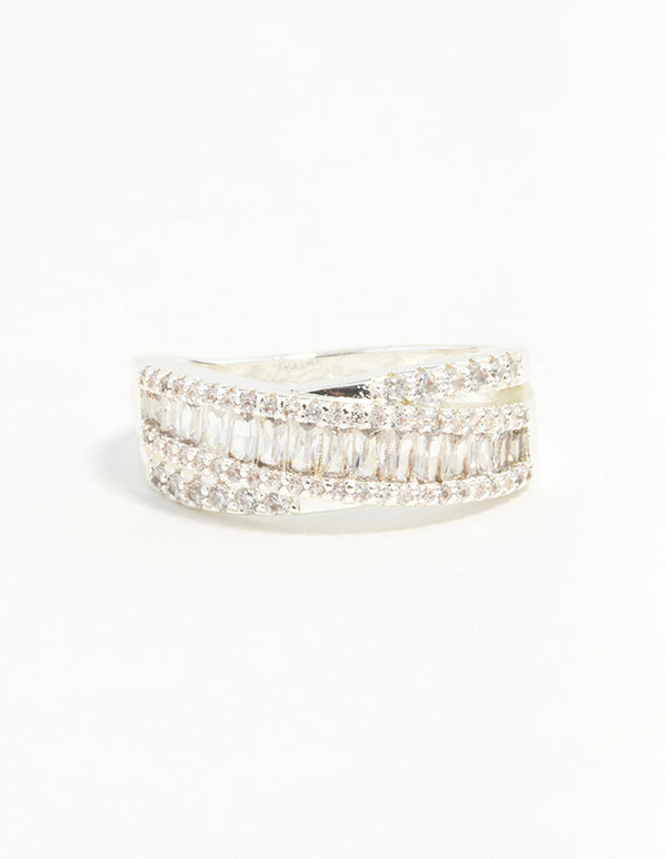 Silver Plated Cubic Zirconia Crossover Baguette Ring