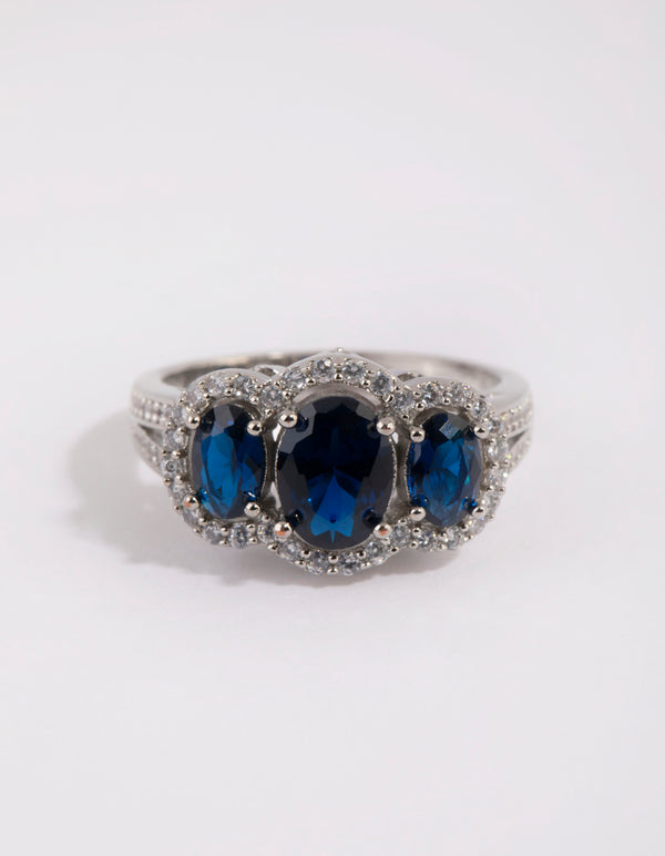 Rhodium Sapphire Cubic Zirconia Triple Stone Ring