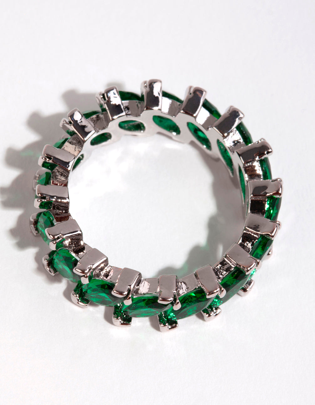 Silver Emerald Cubic Zirconia Navette Ring