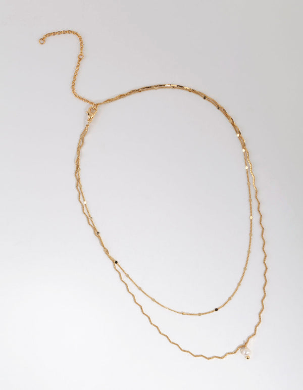 Gold Plated Wave Chain & Freshwater Pearl Layered Necklace