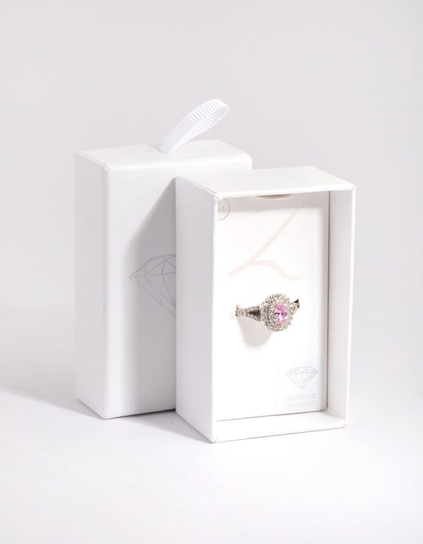 Silver Pink Diamond Simulant Oval Halo Ring