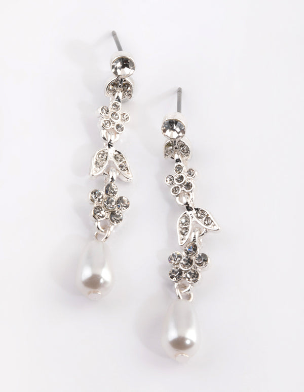 Silver Floral Pearl Drop Earrings