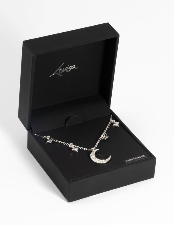 Silver Star & Moon Diamante Necklace