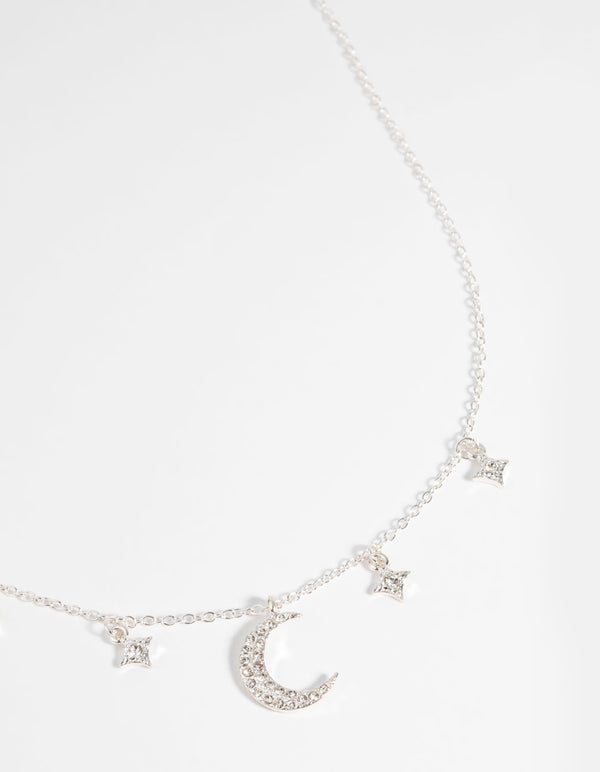 Silver Star & Moon Diamante Necklace