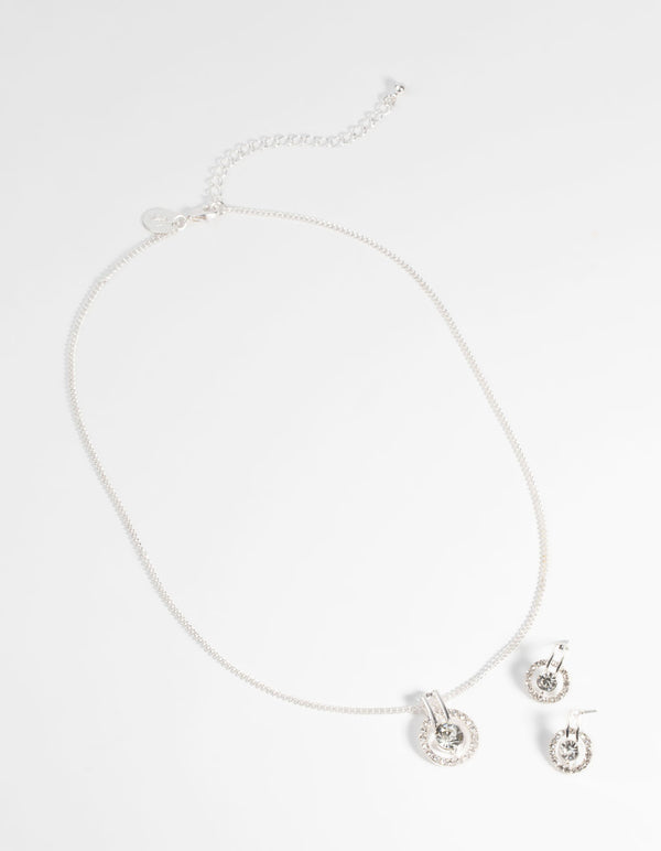 Silver Circular Diamante Necklace & Earring Set