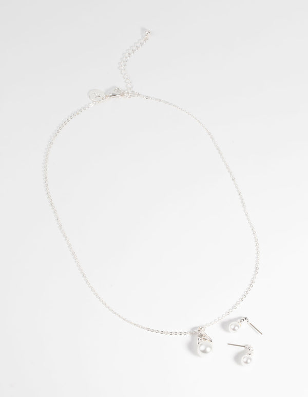 Silver Pearl Necklace & Earring Set