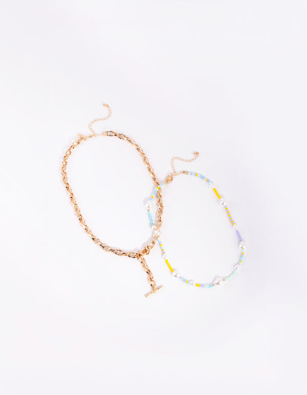 Gold Pearl Chain Fob Necklace