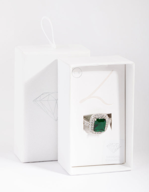 Silver Emerald Diamond Simulant Square Ring