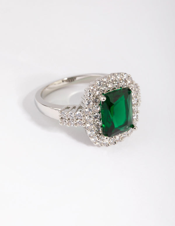 Silver Emerald Diamond Simulant Square Ring