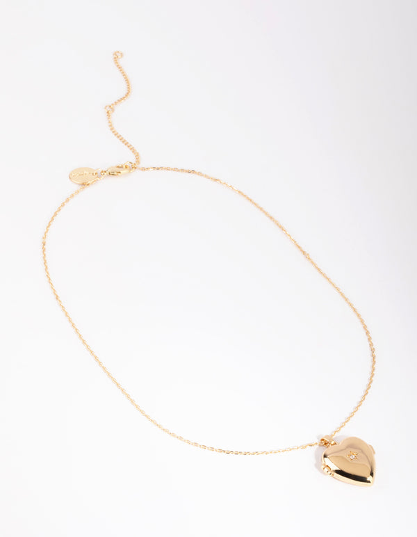 Gold Plated Heart Locket Necklace with Cubic Zirconia