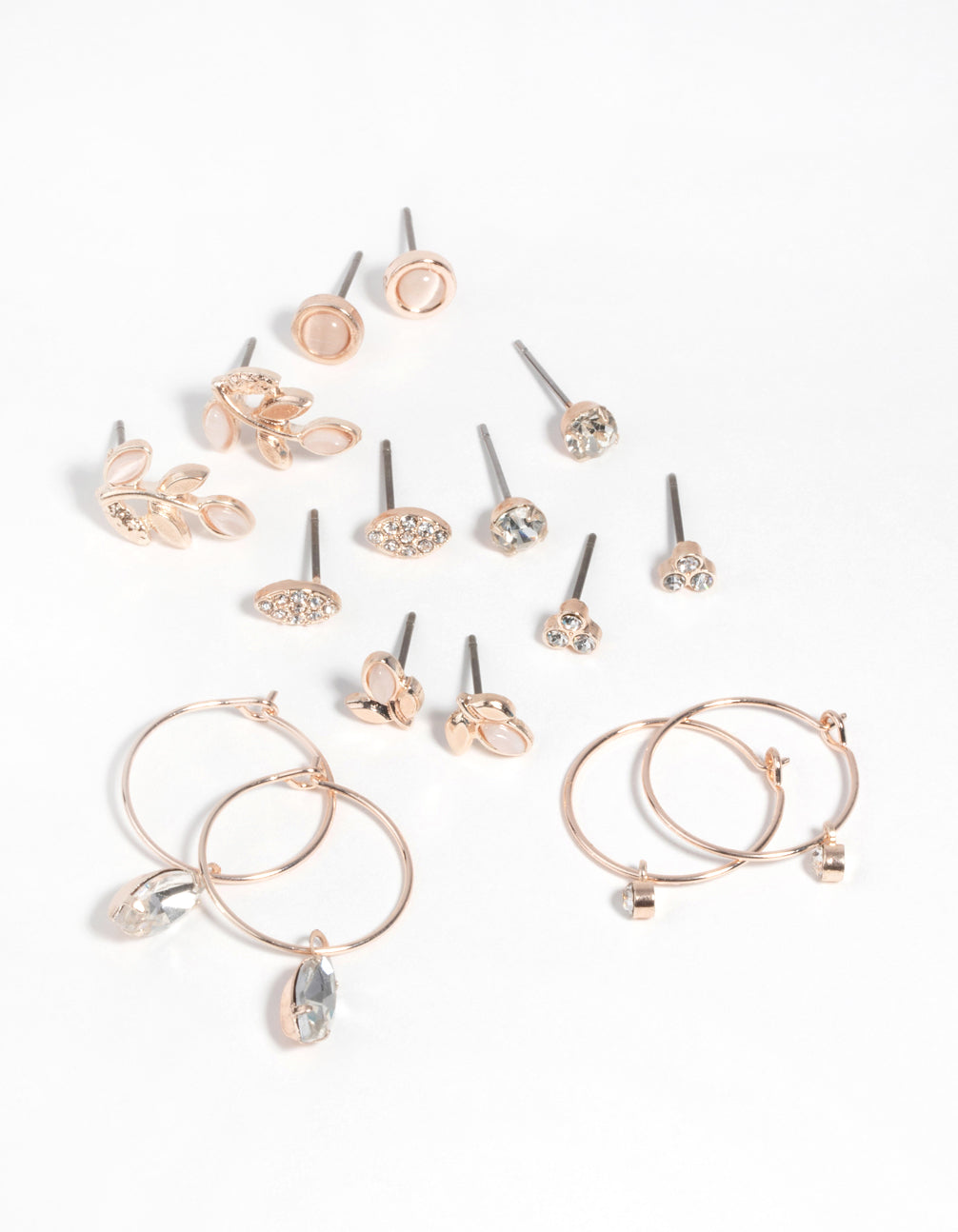 Rose Gold Diamante & Leaf Stud Earring 8-Pack