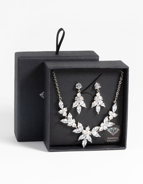Silver Diamond Simulant Navette Necklace & Earrings Set