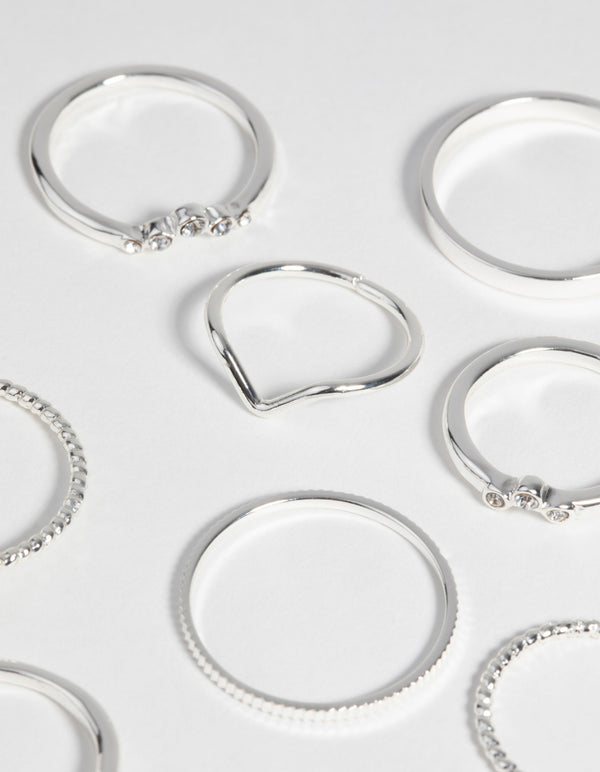 Silver Pearl & Diamante Ring 9-Pack