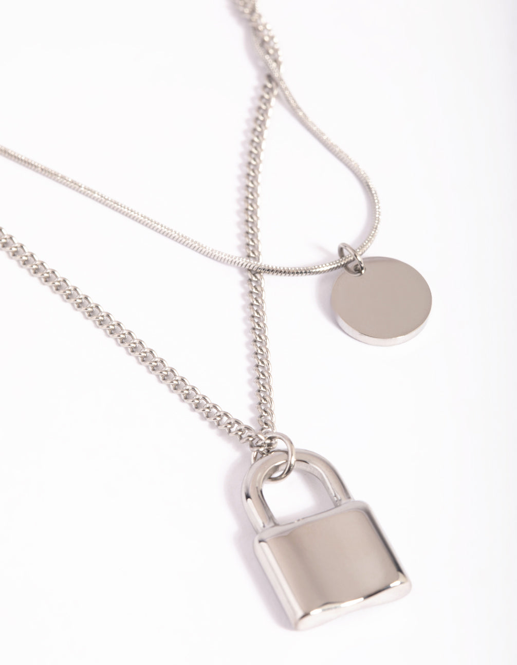Waterproof Stainless Steel Disc & Padlock Layered Necklace
