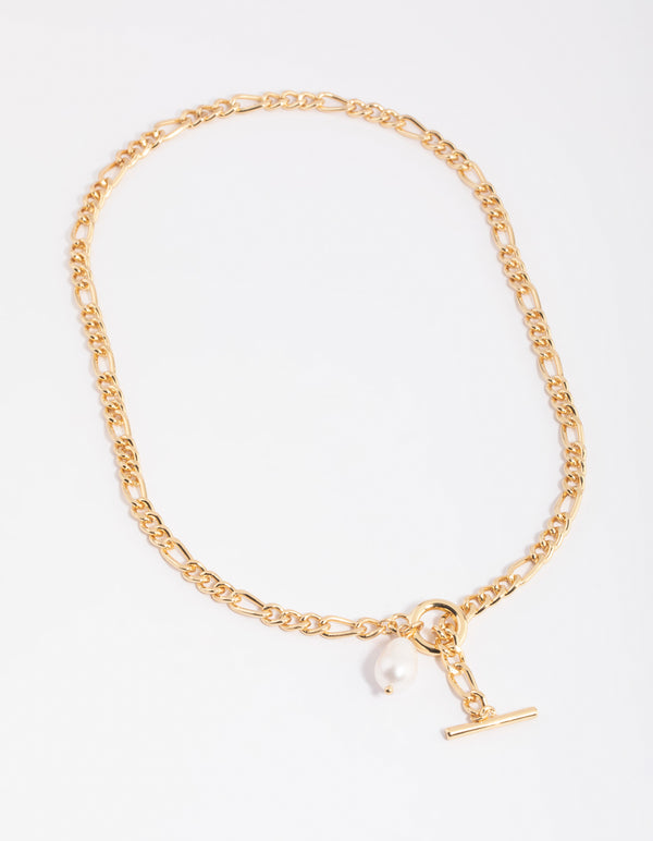 Gold Plated Figaro Freshwater Pearl Necklace