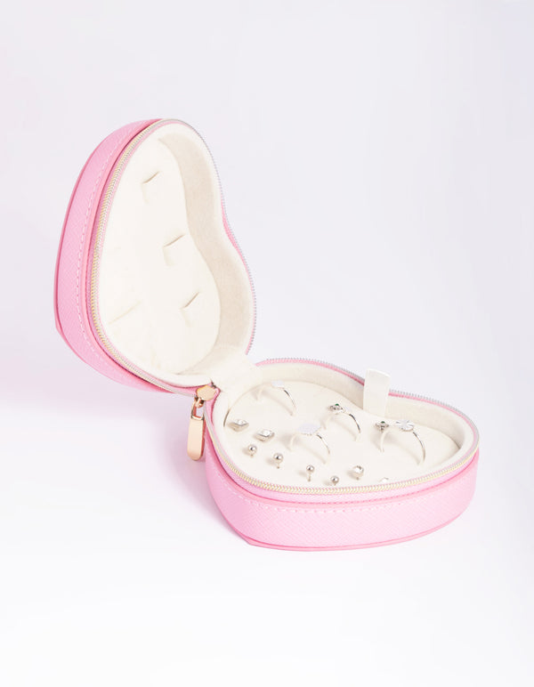 Pink Faux Leather Heart Travel Jewellery Box