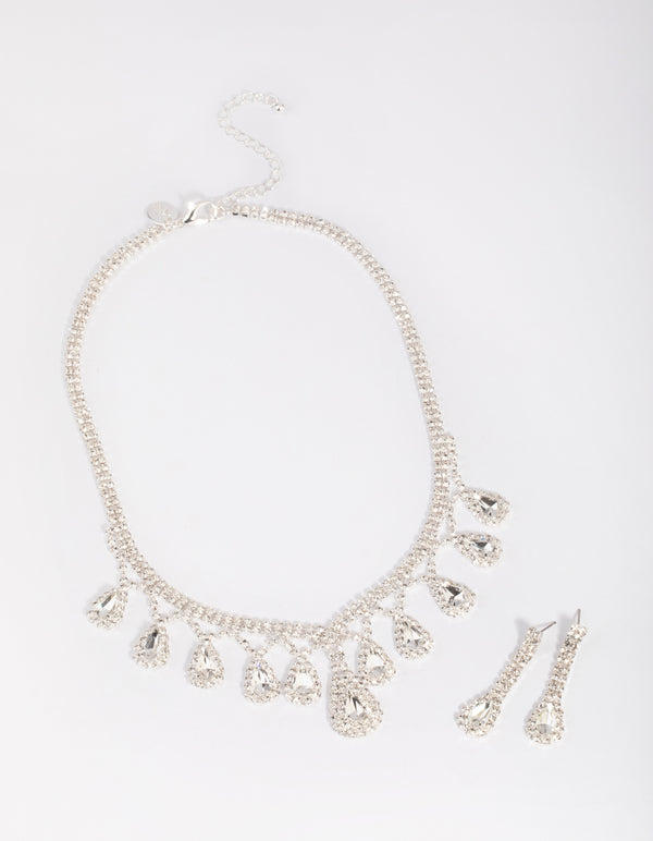 Silver Teardrop Diamante Statement Necklace & Earrings Set