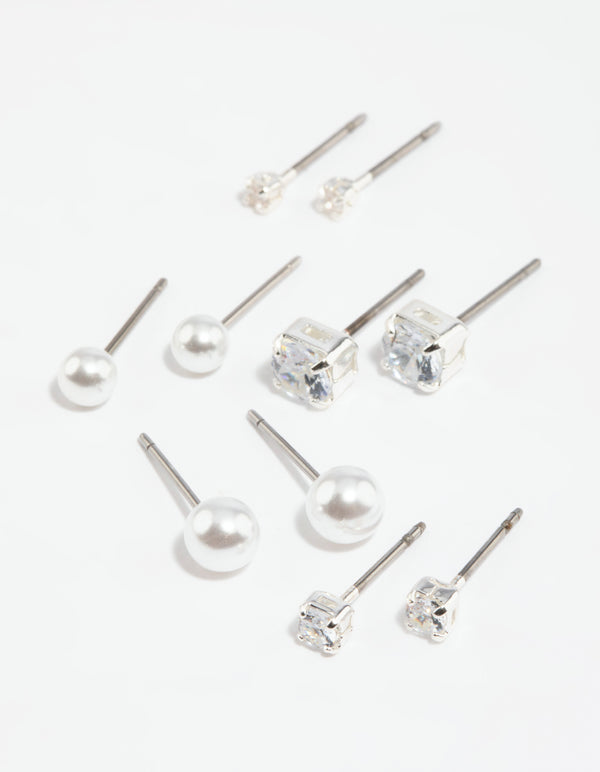 Silver Diamante Stud Earring 5-Pack